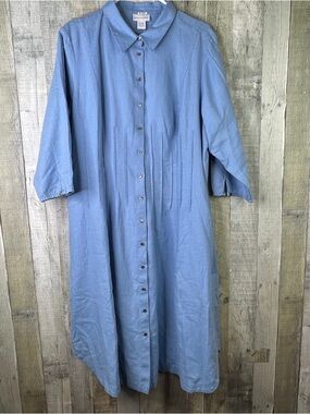 Soft Surroundings Linen 1X Heavy Weight Chambray Blue Shift Dress Button Front